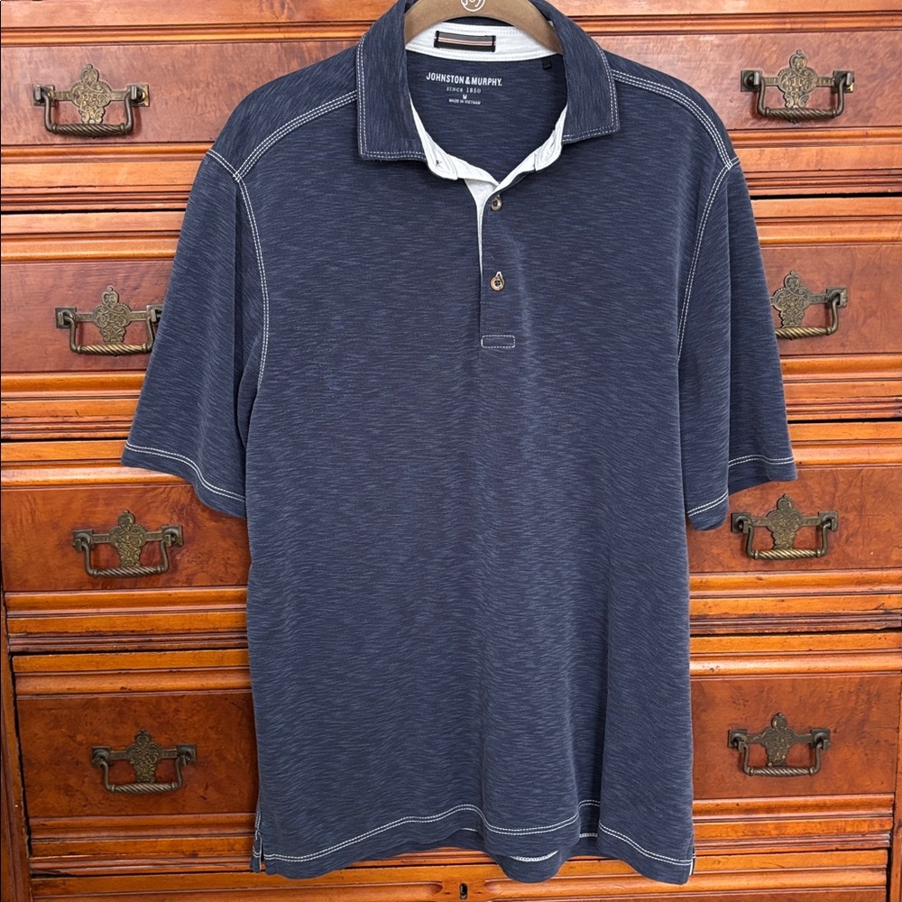 Johnston & Murphy Vintage Slub Navy Blue Short Sleeve Polo Size M Coastal